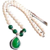 Natural Freshwater Pearl Necklace, with Green Calcedony & Carnelian & Zinc Alloy, for woman & with rhinestone cm 