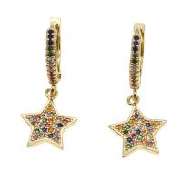 Huggie Hoop Drop Earring, Brass, Star, micro pave cubic zirconia & for woman, golden 