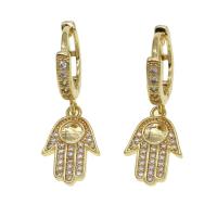 Huggie Hoop Drop Earring, Brass, Hand, micro pave cubic zirconia & for woman, golden 