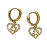 Huggie Hoop Drop Earring, laiton, coeur, pavé de micro zircon & pour femme, doré Vendu par paire