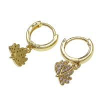 Huggie Hoop Drop Earring, Brass, Leaf, micro pave cubic zirconia & for woman, golden 