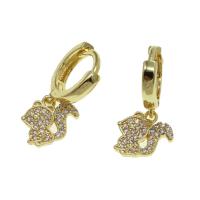 Huggie Hoop Drop Earring, Brass, Squirrel, micro pave cubic zirconia & for woman, golden 