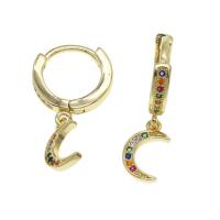 Huggie Hoop Drop Earring, Brass, Moon, micro pave cubic zirconia & for woman, golden 