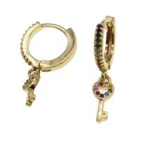 Huggie Hoop Drop Earring, Brass, Key, micro pave cubic zirconia & for woman, golden 