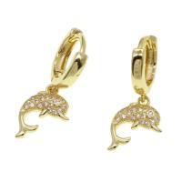 Huggie Hoop Drop Earring, Brass, Dolphin, micro pave cubic zirconia & for woman, golden 