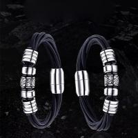 Titanium Steel Bracelet, with PU Leather, silver color plated, for man, black, 8mm 