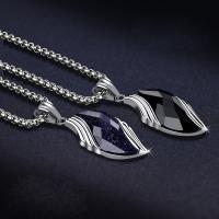 Titanium Steel Necklace, with Blue Sandstone & Black Stone, with 3mm extender chain, silver color plated, box chain & for man Approx 23.62 Inch 