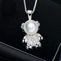 Rhinestone Brass Pendants, with Rhinestone & Plastic Pearl, Bear, silver color plated, for woman, silver color 
