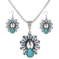 Turquoise Zinc Alloy Jewelry Sets, earring & necklace, with turquoise, with 1.96 lnch extender chain, 12 Signs of the Zodiac, plated & for woman & with rhinestone, turquoise blue Approx 18.5 Inch 