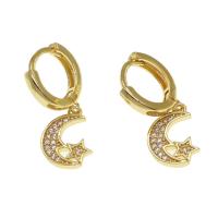 Huggie Hoop Drop Earring, laiton, Lune et Etoile, pavé de micro zircon & pour femme, doré Vendu par paire