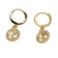 Huggie Hoop Drop Earring, laiton, Rond, soleil et la lune & pavé de micro zircon & pour femme, doré Vendu par paire