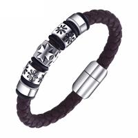 PU Leather Bracelet, with Titanium Steel, silver color plated, braided bracelet & for man, brown, 8mm 