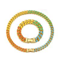 Zinc Alloy Bracelet and Necklace, gold color plated, Unisex & curb chain & enamel, multi-colored 