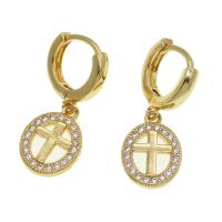 Huggie Hoop Drop Earring, Brass, Round, with cross pattern & micro pave cubic zirconia & for woman, golden 