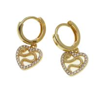 Huggie Hoop Drop Earring, Brass, Heart, micro pave cubic zirconia & for woman, golden 