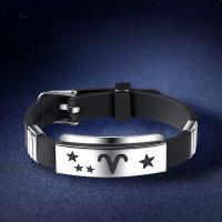 Silicone Jewelry Bracelets, with Titanium Steel, silver color plated, Adjustable & Zodiac symbols jewelry & Unisex 14mm 