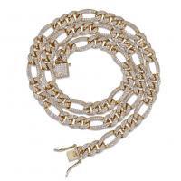 Brass Chain Necklace, plated & figaro chain & micro pave cubic zirconia & for man 