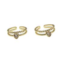 Brass Cuff Finger Ring, Heart, Adjustable & micro pave cubic zirconia & for woman, golden 