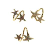 Brass Cuff Finger Ring, Starfish, Adjustable & micro pave cubic zirconia & for woman 