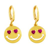Huggie Hoop Drop Earring, Brass, Smiling Face, micro pave cubic zirconia & for woman 