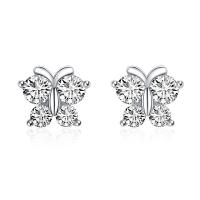 Rhinestone Brass Stud Earring, with Rhinestone, Butterfly, silver color plated, for woman, silver color 