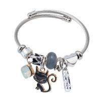 Stainless Steel European Cuff Bangle, with Lampwork, Cat, plated, Adjustable & for woman & enamel & with rhinestone 