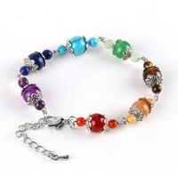 Gemstone Bracelets, Brass, with Lapis Lazuli & turquoise & Tiger Eye & Green Aventurine & Red Agate & Amethyst, platinum color plated, for woman, 8mm .48 Inch 