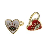 Brass Open Finger Ring, Heart, Adjustable & with eye pattern & micro pave cubic zirconia & for woman & enamel 