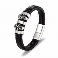 PU Leather Bracelet, with Titanium Steel, Skull, silver color plated & for man, black, 12mm 