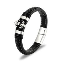 Leather Bracelet, with Titanium Steel, silver color plated, woven pattern & for man, black, 12mm Approx 8.27 Inch 