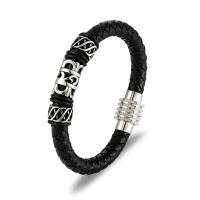 Leather Bracelet, with Titanium Steel, silver color plated, braided bracelet & for man, black, 8mm .27 Inch 