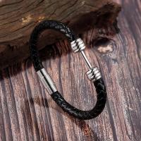 Leather Bracelet, with Titanium Steel, silver color plated, braided bracelet & for man, black, 11.8mm 