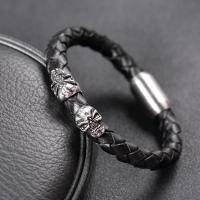 Leather Bracelet, silver color plated, braided bracelet & for man, black, 8mm 