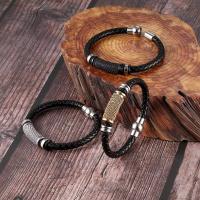 Bracelet en cuir artificiel, avec Acier titane, Placage, bracelet tressé & pour homme, noire, 6mm Environ 8.27 pouce, Vendu par PC