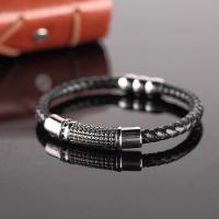 cuir PU bracelet, avec Acier titane, Placage de couleur argentée, bracelet tressé & pour homme, noire Environ 8.27 pouce, Vendu par PC