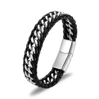Titanium Steel Bracelet, with Leather, silver color plated, braided bracelet & for man, black, 15mm Approx 8.27 Inch 