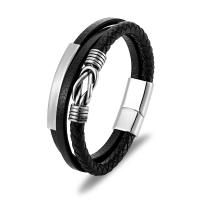Leather Bracelet, with Titanium Steel, plated, three layers & braided bracelet & for man, black, 17mm Approx 8.27 