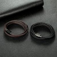 Leather Wrap Bracelet, titanium steel magnetic clasp, gun black plated, multilayer & braided bracelet & Unisex 6mm Approx 16.17 Inch 