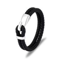 Leather Bracelet, with Titanium Steel, silver color plated, Double Layer & braided bracelet & for man, black, 11.2mm Approx 8.27 