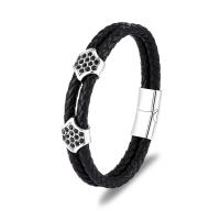 Leather Bracelet, with Titanium Steel, silver color plated, Double Layer & braided bracelet & for man, black, 11.2mm 