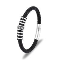 Leather Bracelet, with Titanium Steel, silver color plated, braided bracelet & for man, black, 6mm 