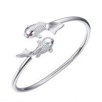 Brass Cuff Bangle, with Cubic Zirconia, Fish, silver color plated, for woman, silver color, 3mm 
