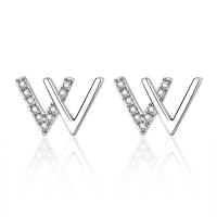 Rhinestone Brass Stud Earring, with Rhinestone, Letter W, silver color plated, for woman, silver color 
