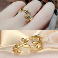 Brass Cuff Finger Ring, with Cubic Zirconia, Leaf, gold color plated, for woman, golden 