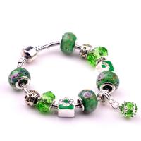 Zinc Alloy European Bracelets, Lampwork, with zinc alloy bead & brass chain, plated & for woman, green 