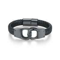 Leather Bracelet, with Titanium Steel, Handcuffs, plated, braided bracelet & for man, black, 12mm 