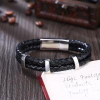 Leather Bracelet, with Titanium Steel, plated, Double Layer & braided bracelet & for man, black 
