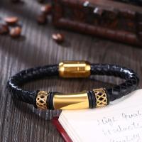 Leather Bracelet, with Titanium Steel, gold color plated, braided bracelet & for man, black 