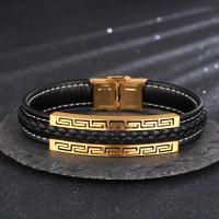 Leather Bracelet, with Titanium Steel, plated, braided bracelet & for man, black, 12mm Approx 210 mm 