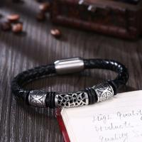 Leather Bracelet, with Titanium Steel, plated, braided bracelet & for man, black 